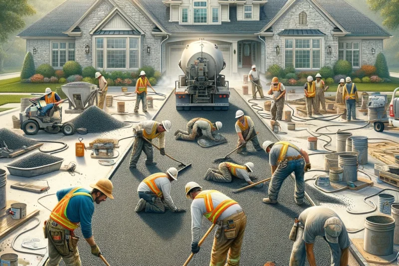 DALL.E 2024-03-10 14.53.49 - A bustling construction scene depicts the process of creating a tar and chip driveway in front of a suburban home. The focus is on workers actively en